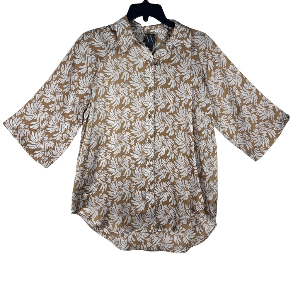 Worthington Women's Tan Floral Print Button Down Shirt Top Size Small NEW‎